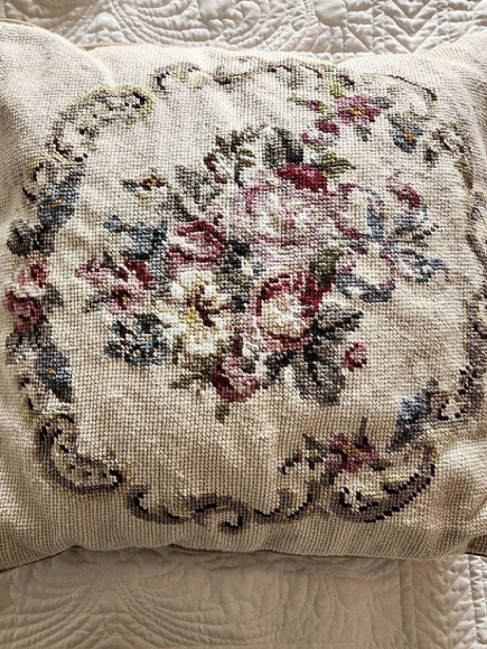 Vintage Floral Wool Needlepoint Square Pillow 15x15" Roses Neutral Shabby